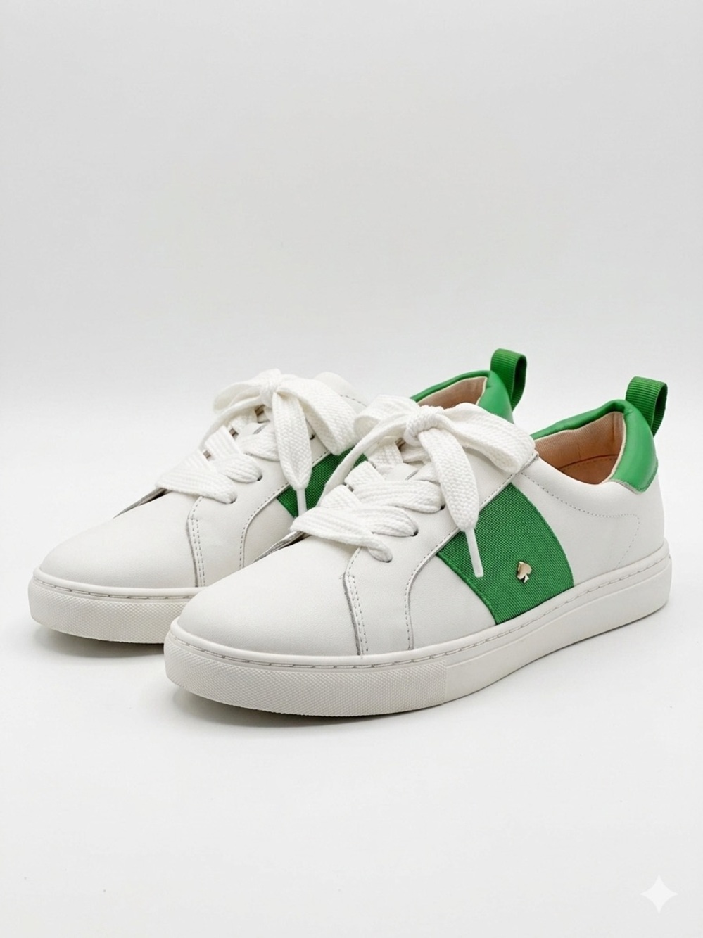 Kate Spade Signature White Leather Sneakers Green Stripe Logo Size 6 New